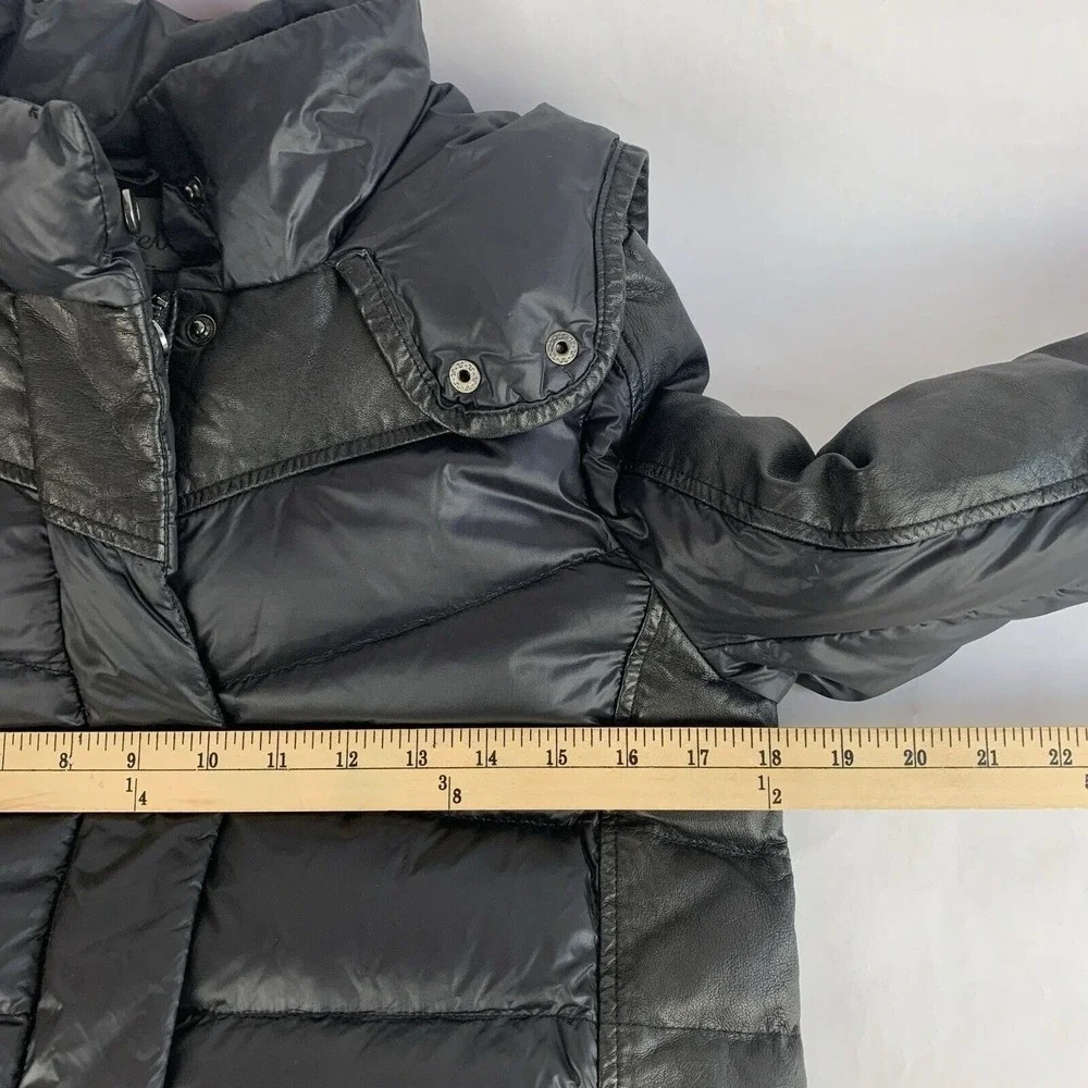 Womens Down Puffer Jacket Size Small Nylon Leather Hooded Black Chic Minimalist
